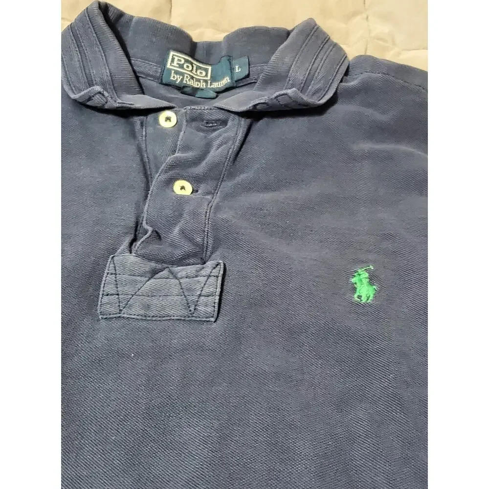 Polo Ralph Lauren Mens Large Blue Short Sleeve Polo Shirt Green Logo Cotton